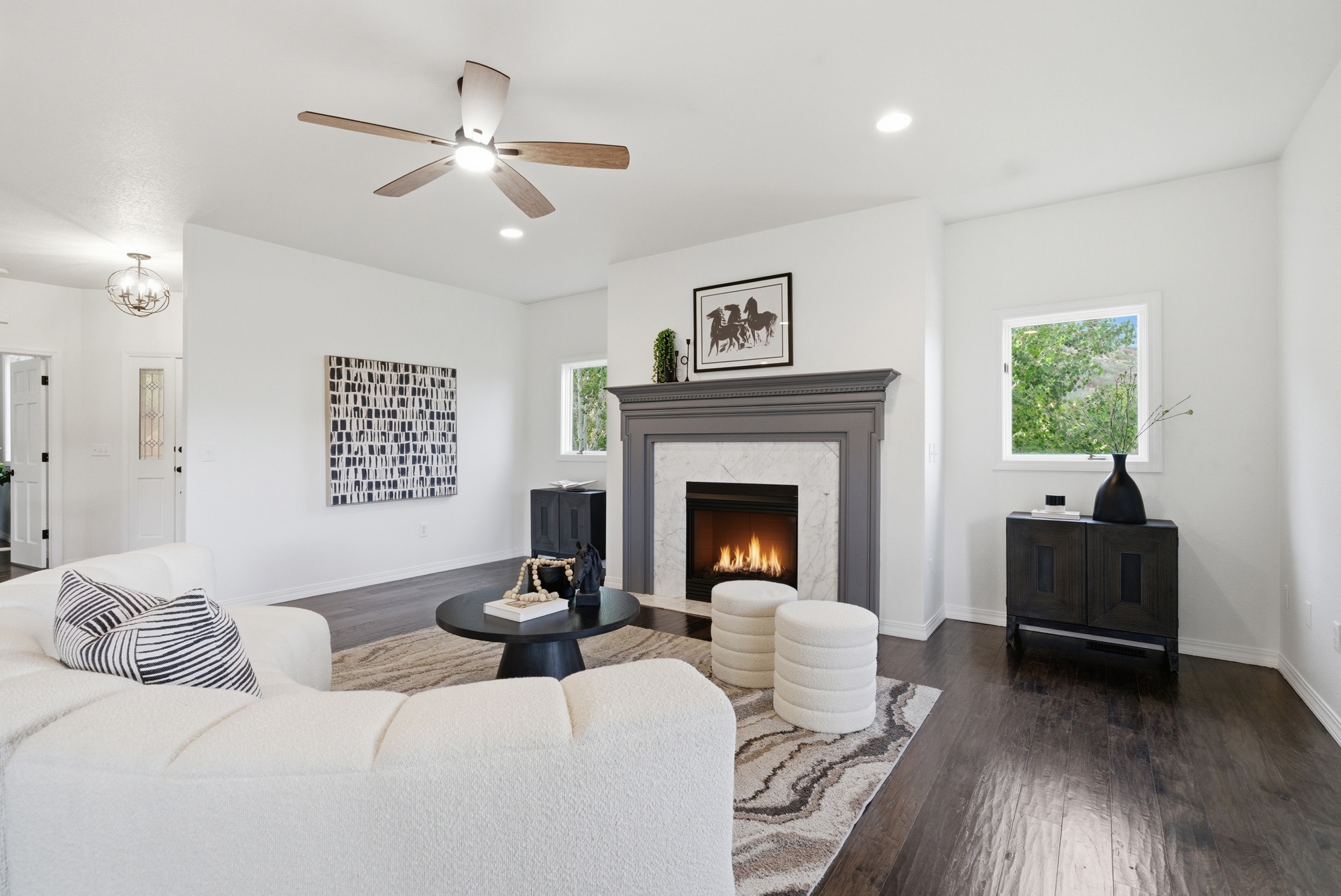 Living room with marble fireplace