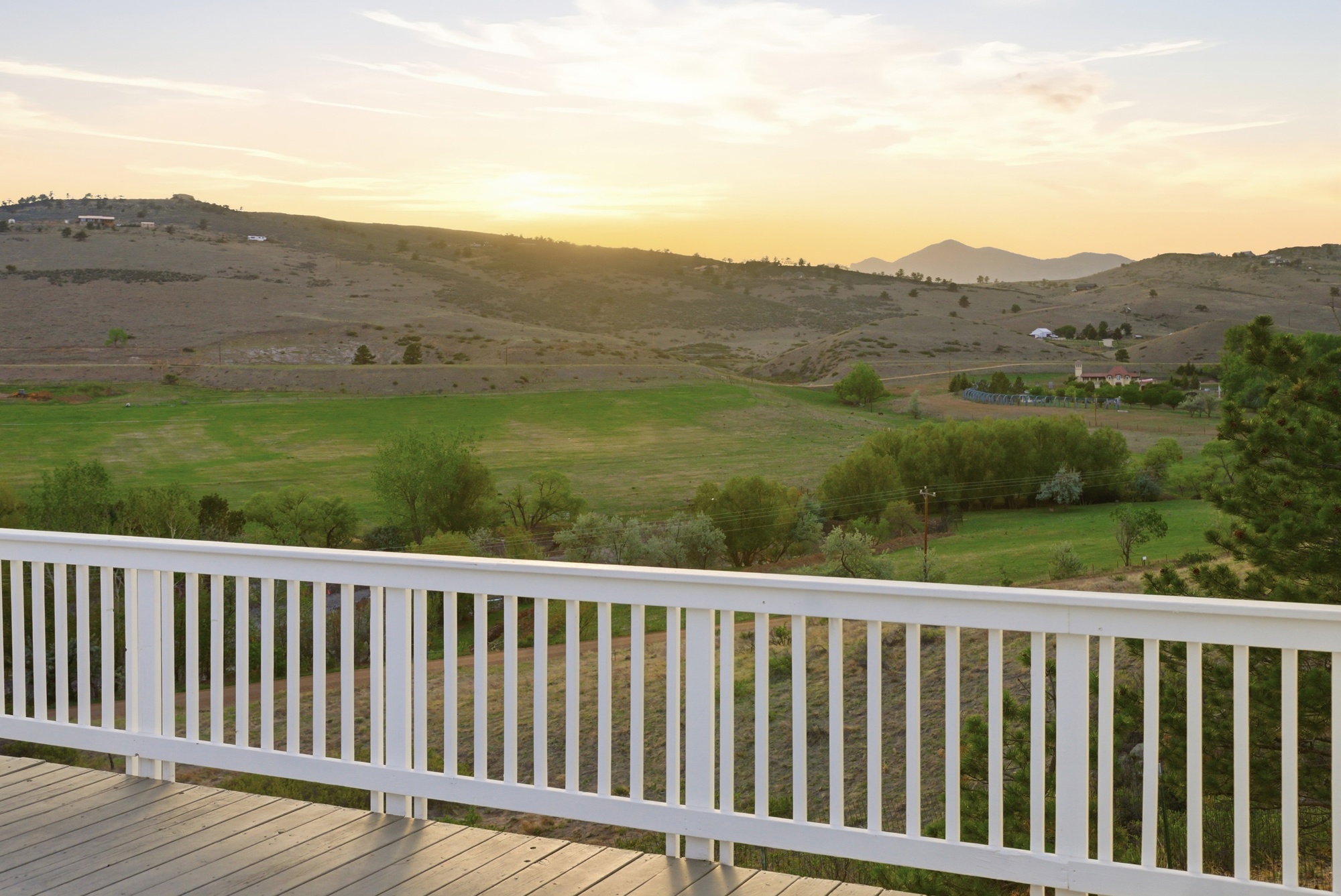 Sunset view from the deck overlooking the valley